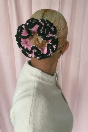 (Medium Size) Hot Pink and Black Crochet Hair Scrunchies - READY TO SHIP