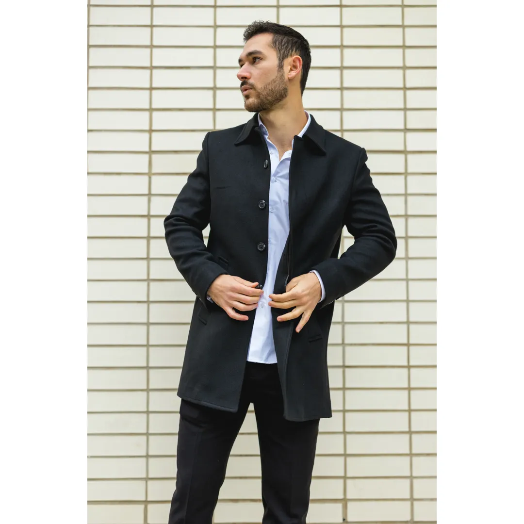 Men's Classic Collar Wool Blend Black Overcoat