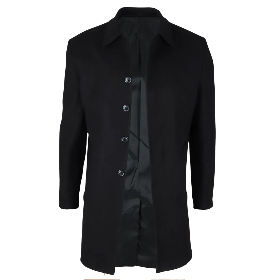 Men's Classic Collar Wool Blend Black Overcoat