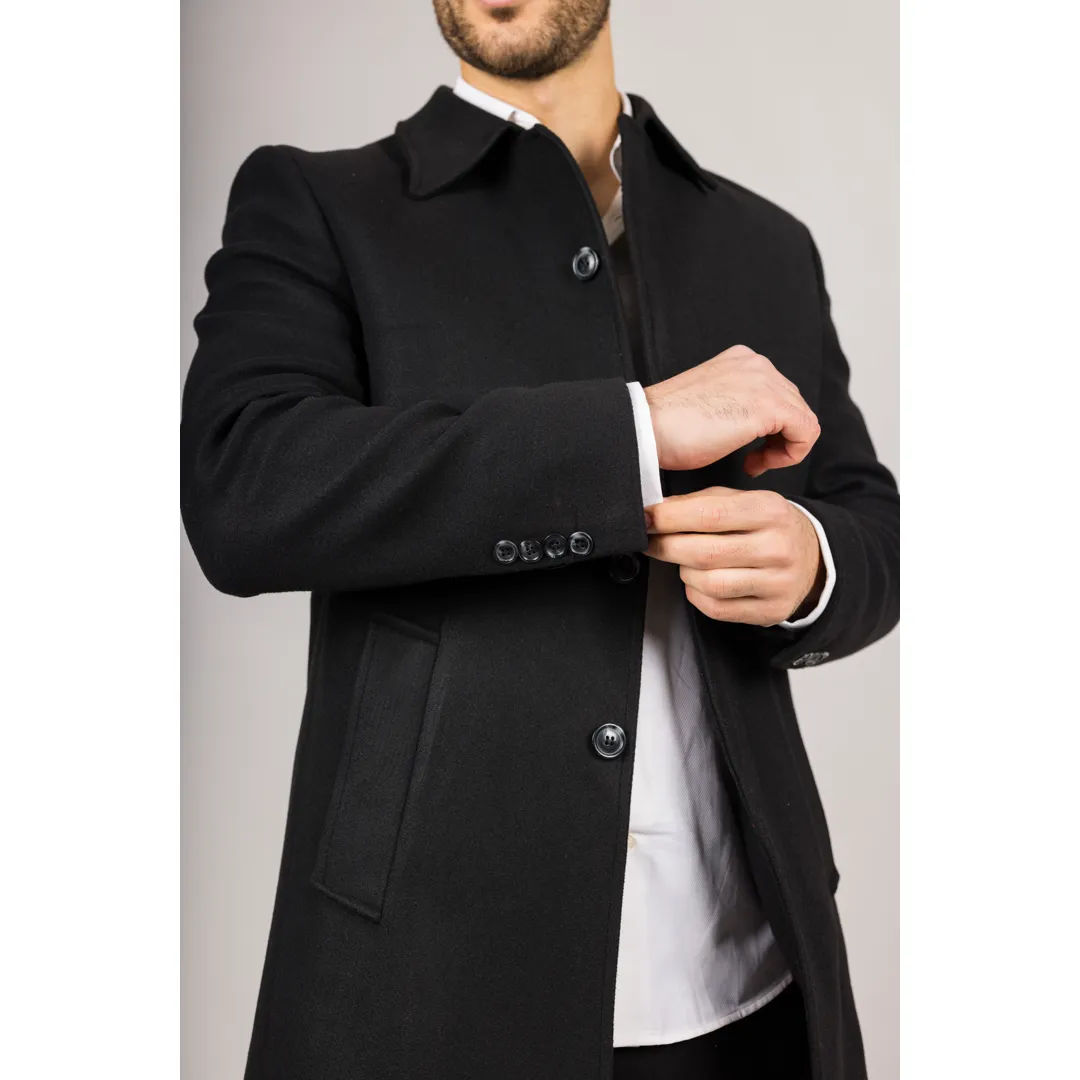 Men's Classic Collar Wool Blend Black Overcoat