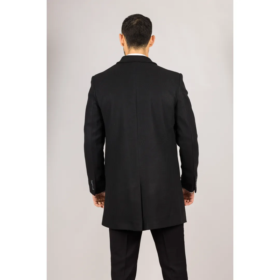 Men's Classic Collar Wool Blend Black Overcoat