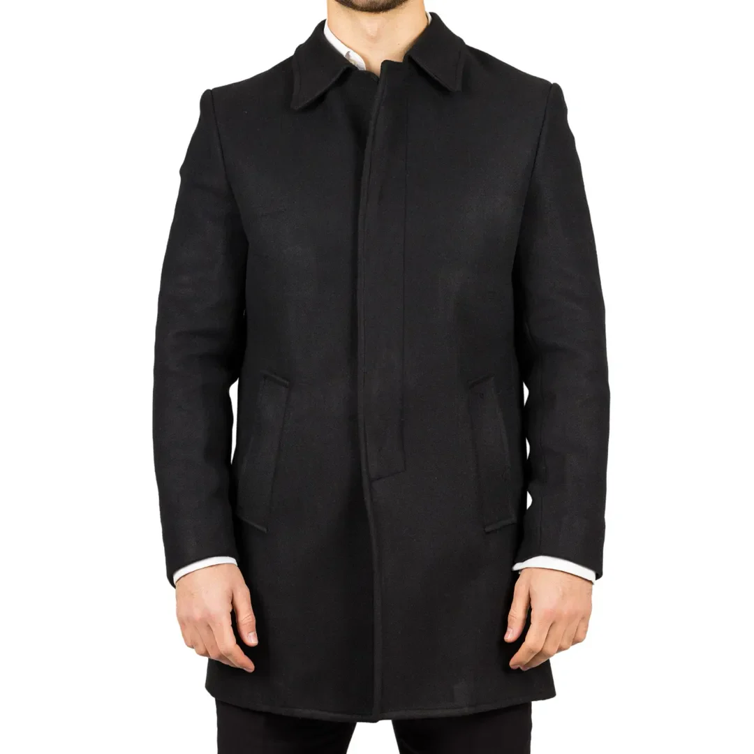 Men's Classic Collar Wool Blend Black Overcoat