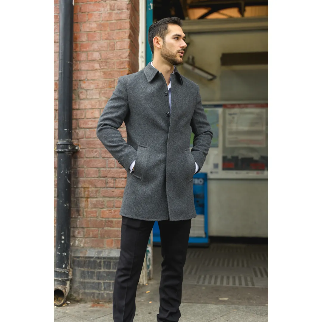 Men's Classic Collar Wool Blend Grey Overcoat