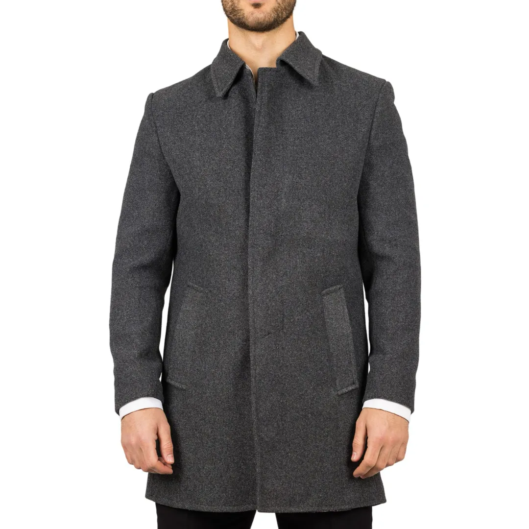 Men's Classic Collar Wool Blend Grey Overcoat