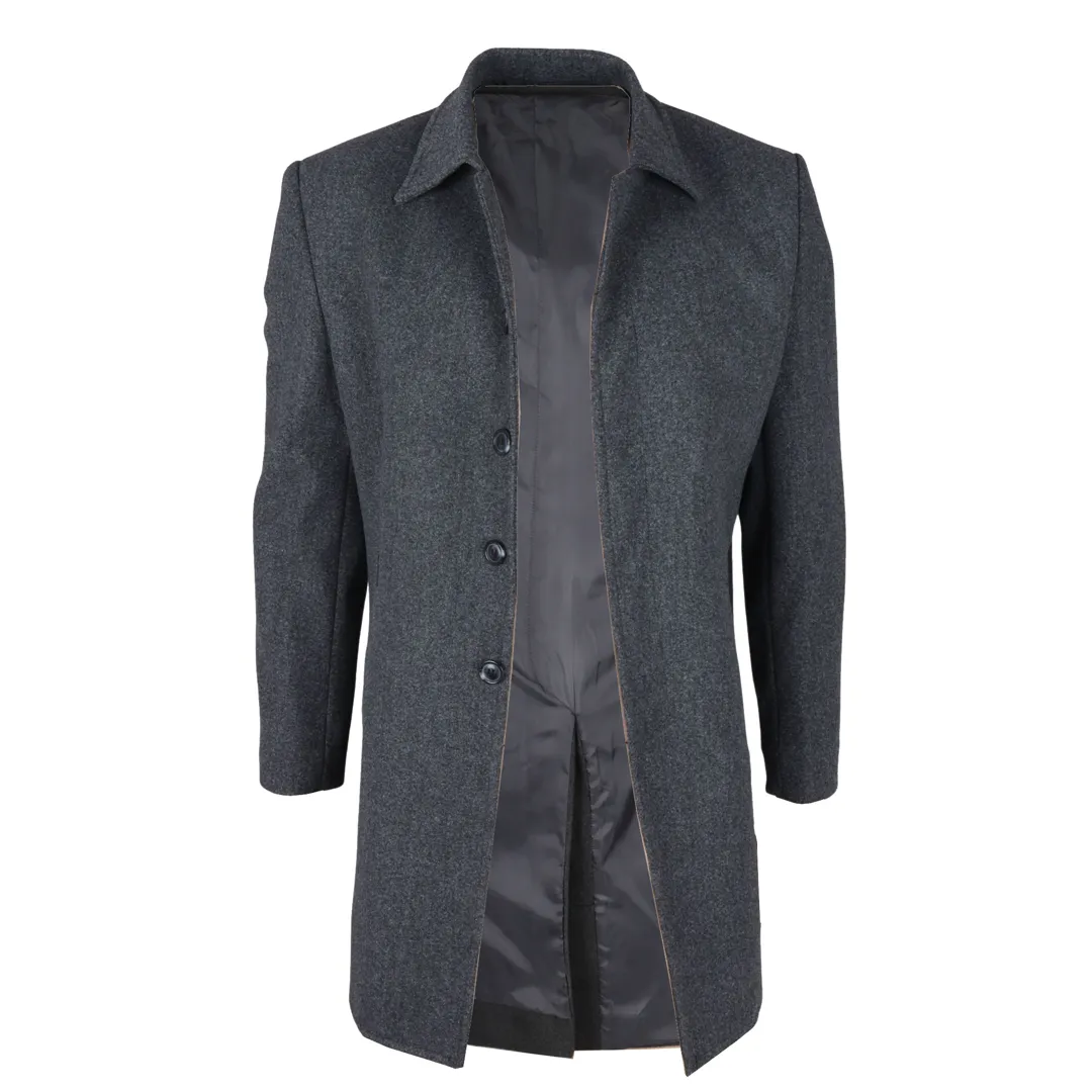 Men's Classic Collar Wool Blend Grey Overcoat