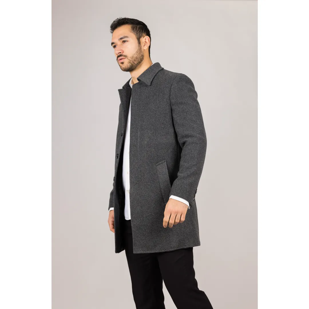 Men's Classic Collar Wool Blend Grey Overcoat