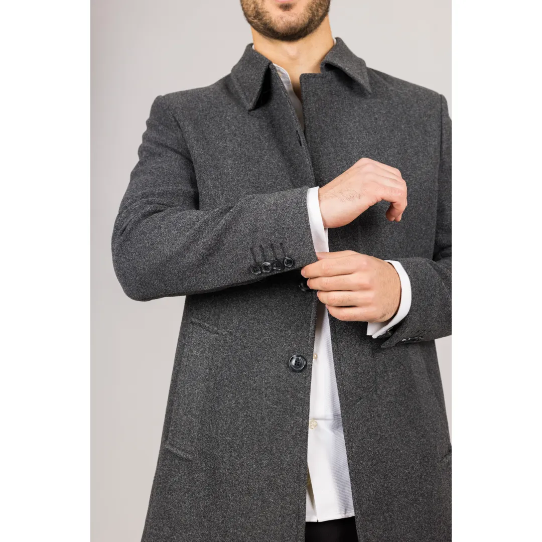 Men's Classic Collar Wool Blend Grey Overcoat