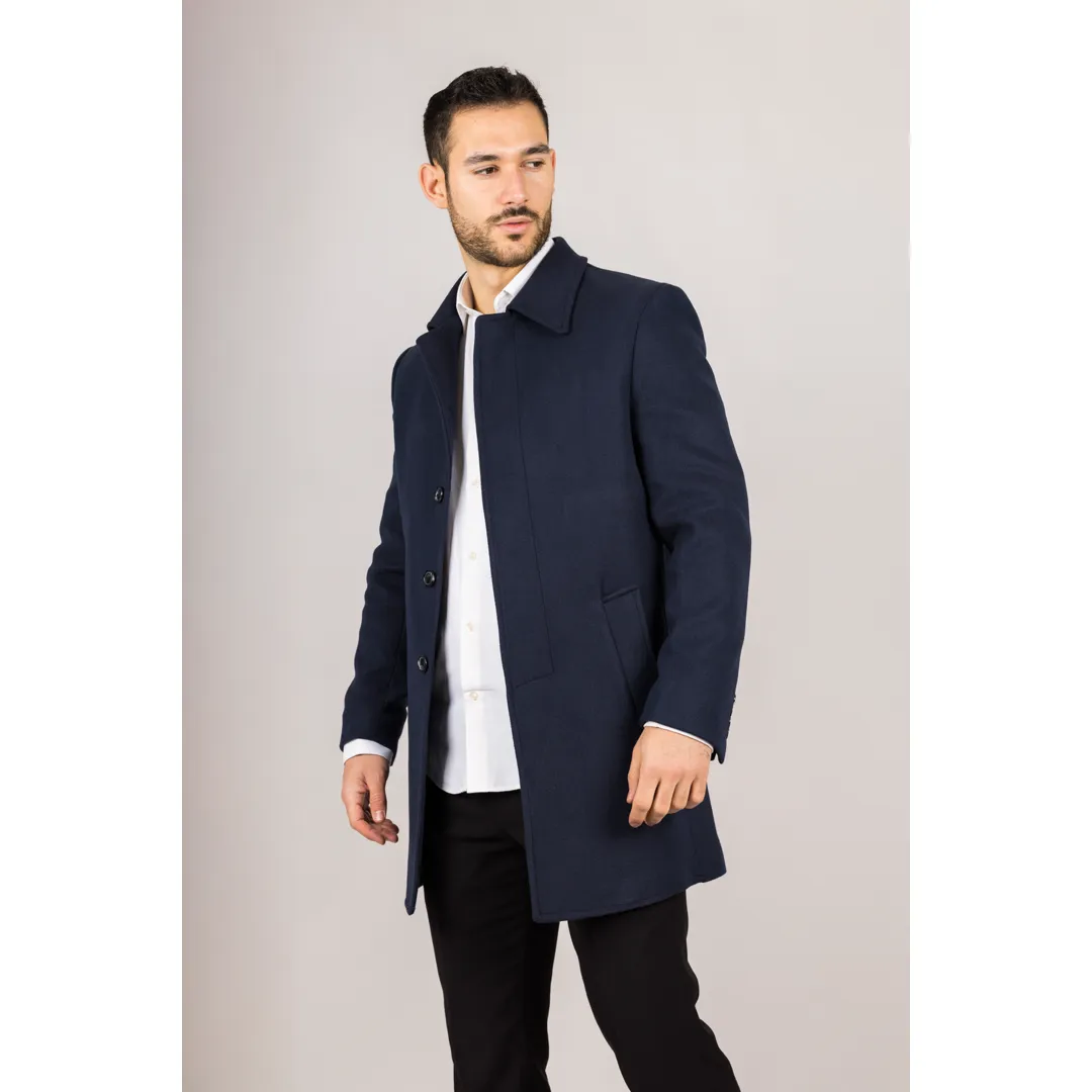 Men's Classic Collar Wool Blend Navy Overcoat