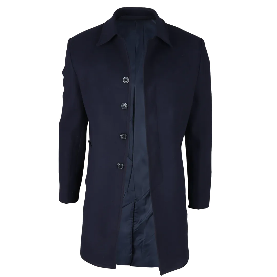 Men's Classic Collar Wool Blend Navy Overcoat