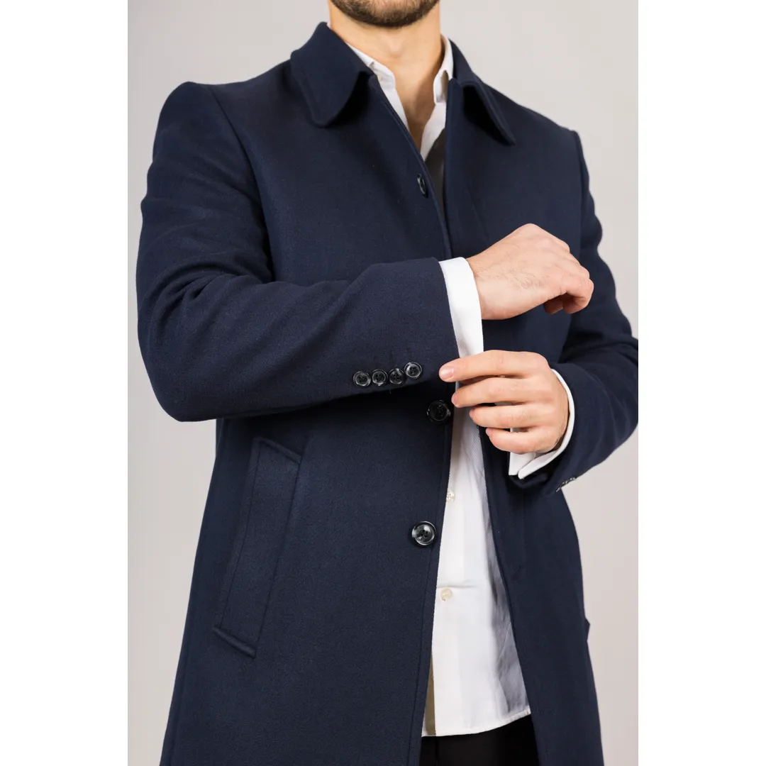 Men's Classic Collar Wool Blend Navy Overcoat