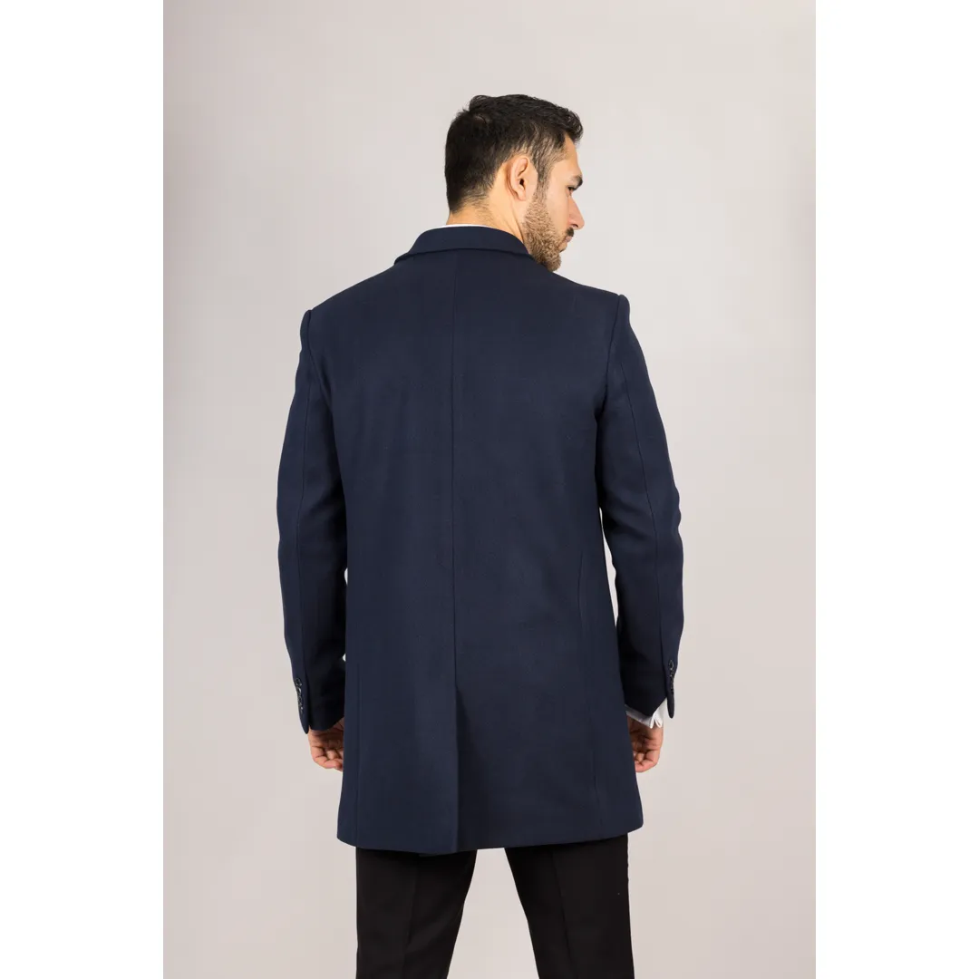 Men's Classic Collar Wool Blend Navy Overcoat