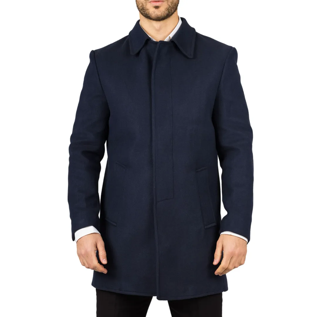 Men's Classic Collar Wool Blend Navy Overcoat