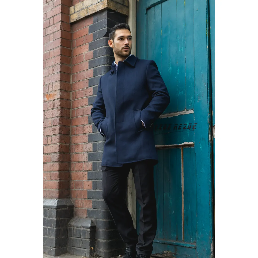 Men's Classic Collar Wool Blend Navy Overcoat