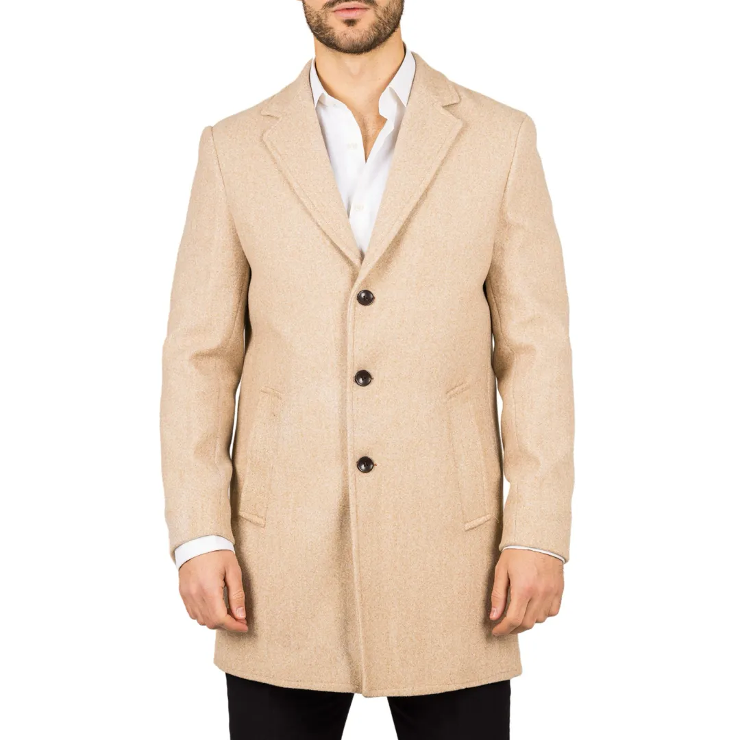 Men's Notched Lapel Collar Wool Blend Beige Overcoat