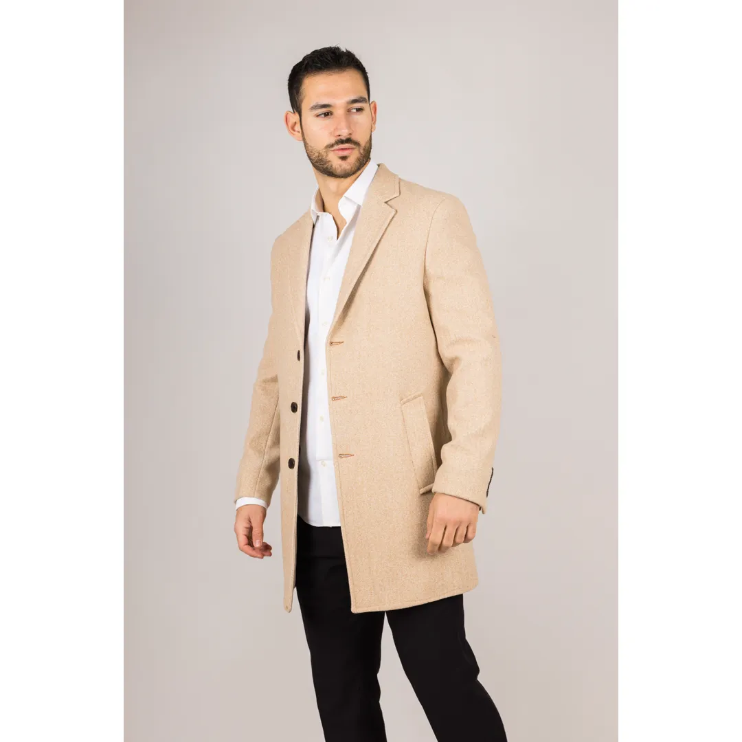 Men's Notched Lapel Collar Wool Blend Beige Overcoat