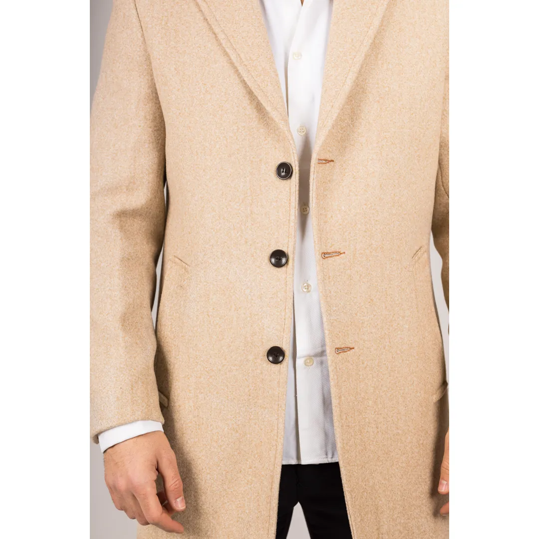 Men's Notched Lapel Collar Wool Blend Beige Overcoat