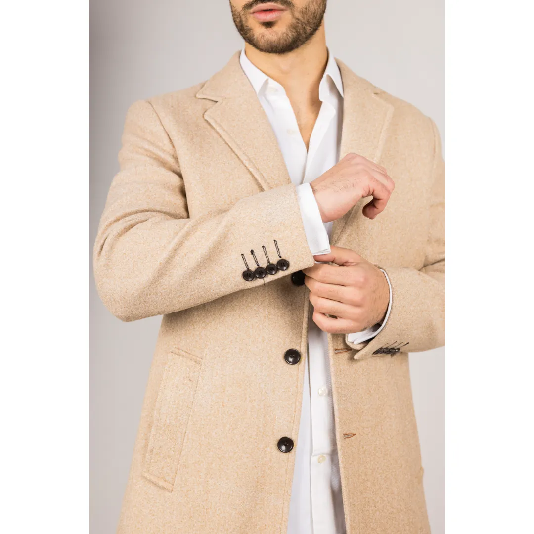 Men's Notched Lapel Collar Wool Blend Beige Overcoat