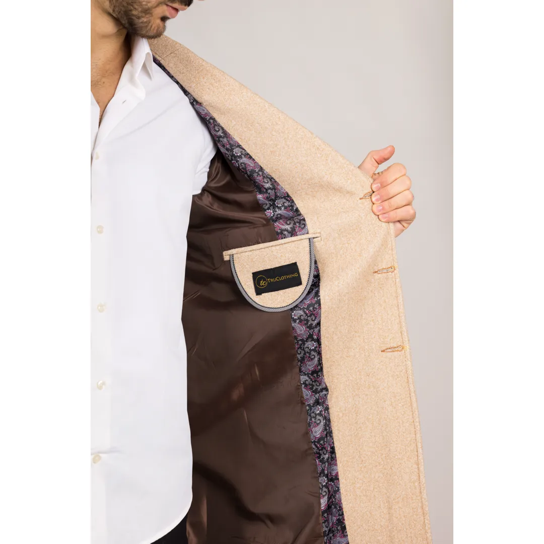 Men's Notched Lapel Collar Wool Blend Beige Overcoat