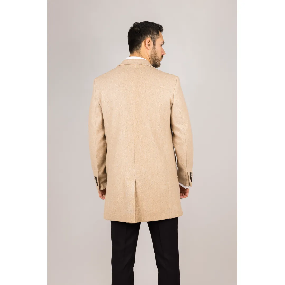 Men's Notched Lapel Collar Wool Blend Beige Overcoat