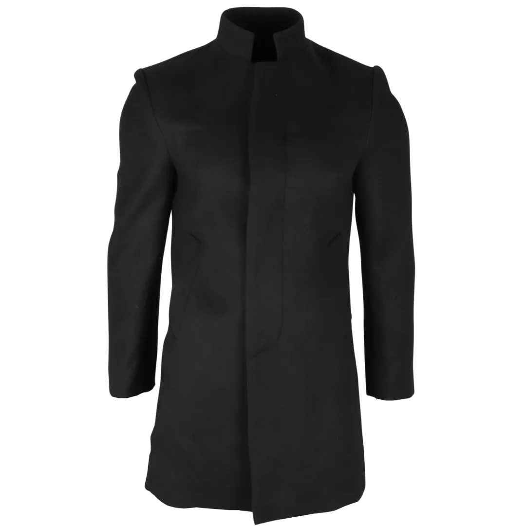 Men's Stand Collar Wool Blend Black Overcoat