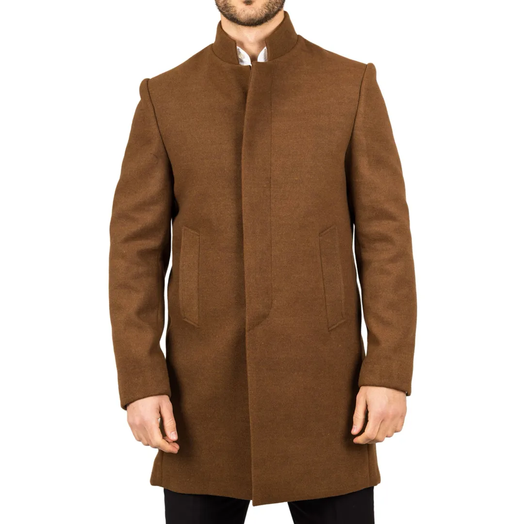 Men's Stand Collar Wool Blend Brown Overcoat