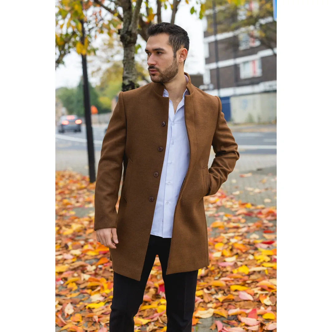 Men's Stand Collar Wool Blend Brown Overcoat