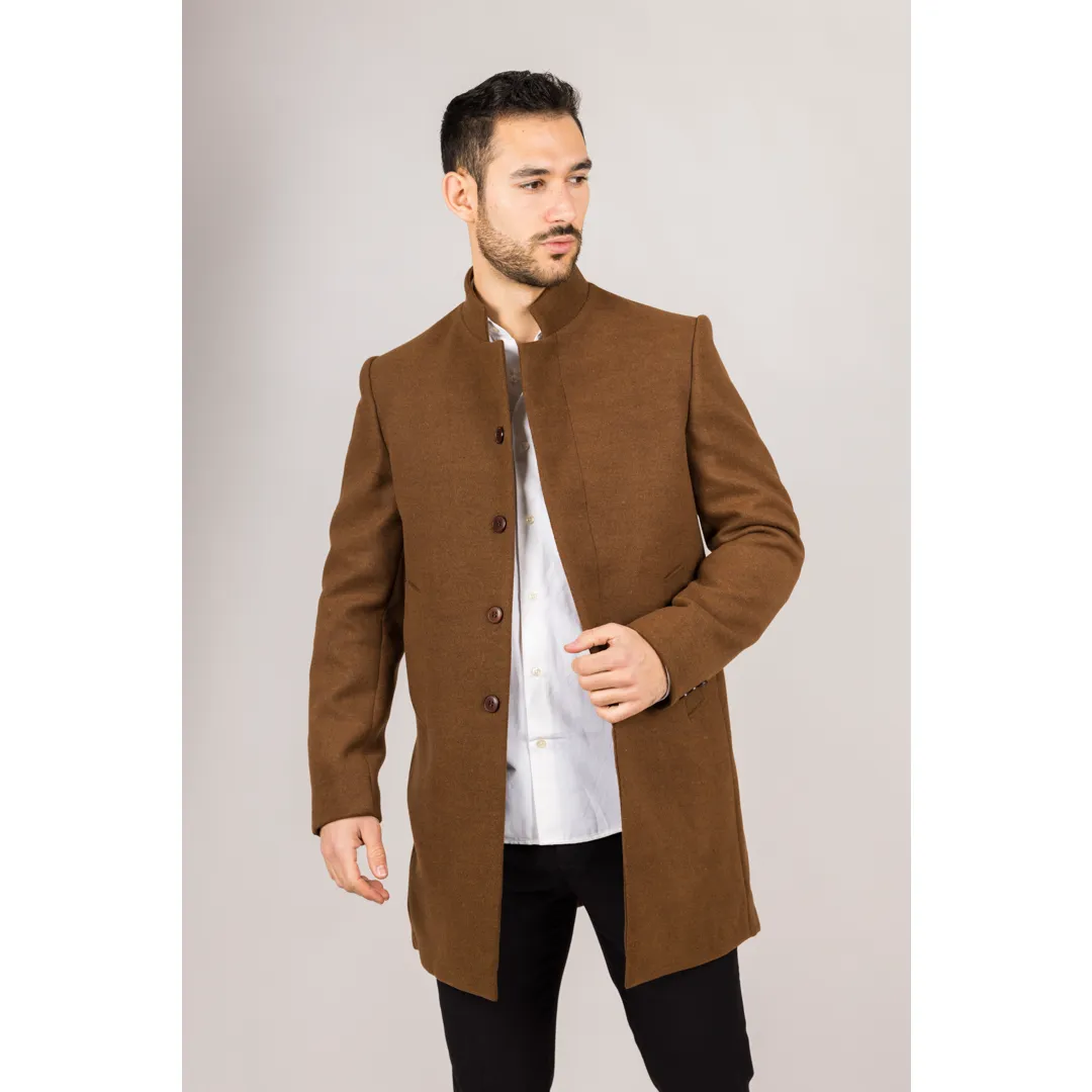 Men's Stand Collar Wool Blend Brown Overcoat