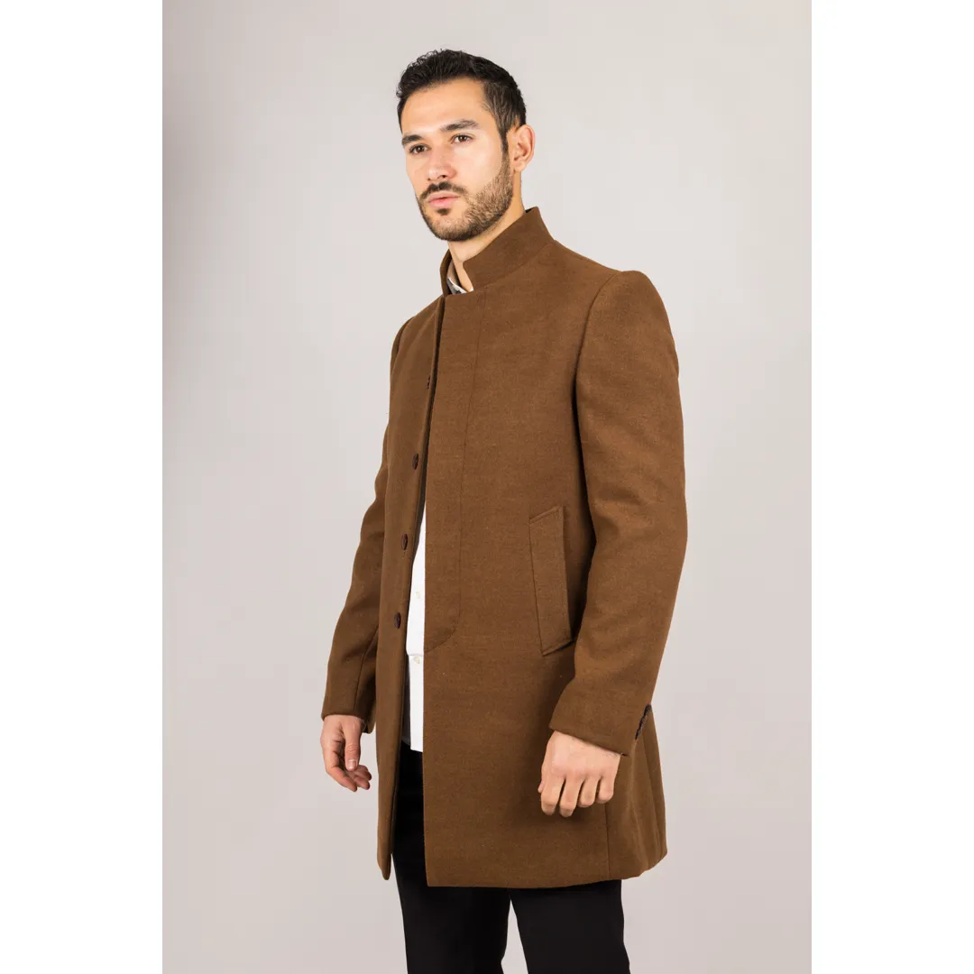 Men's Stand Collar Wool Blend Brown Overcoat