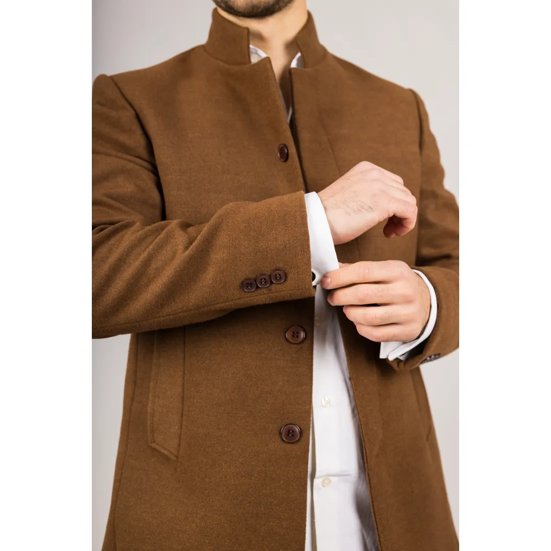 Men's Stand Collar Wool Blend Brown Overcoat