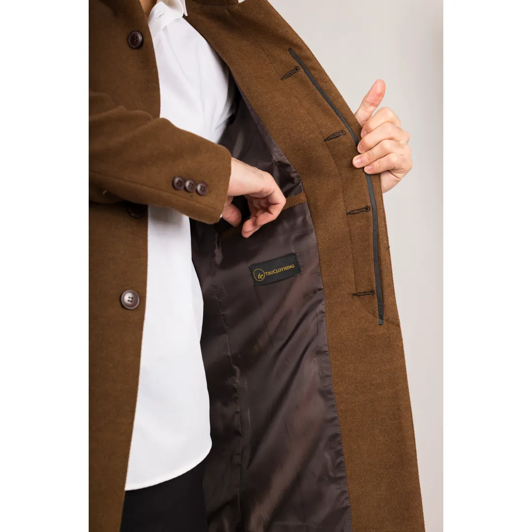 Men's Stand Collar Wool Blend Brown Overcoat