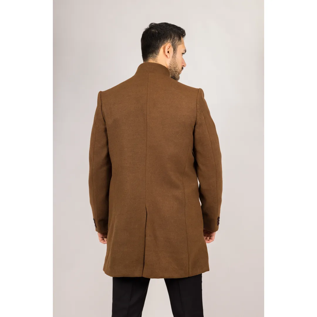 Men's Stand Collar Wool Blend Brown Overcoat