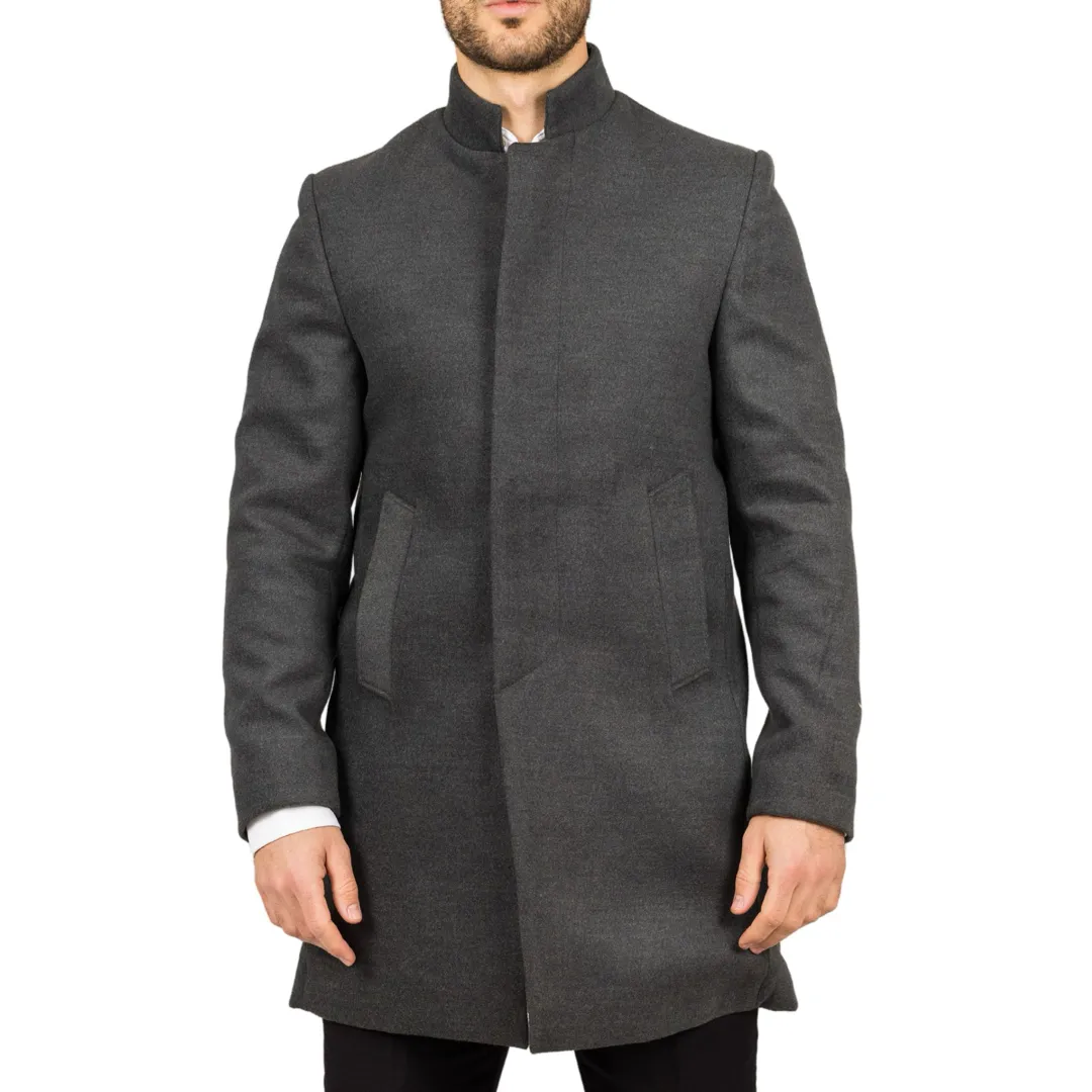 Men's Stand Collar Wool Blend Grey Overcoat