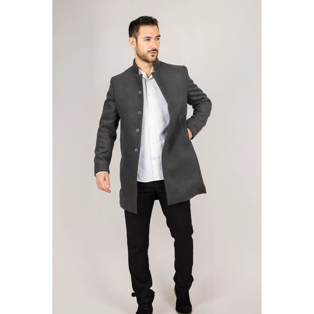 Men's Stand Collar Wool Blend Grey Overcoat