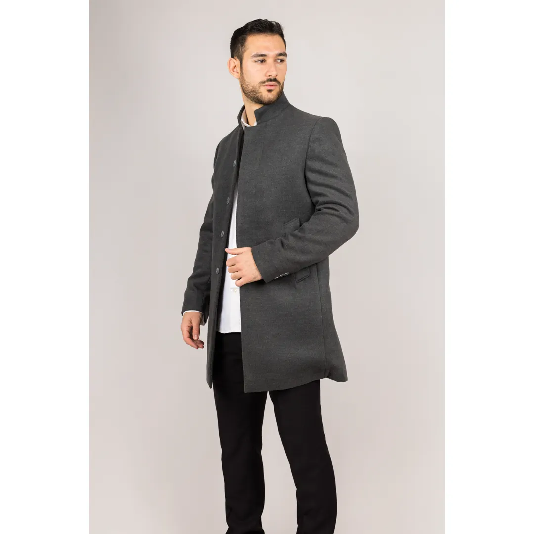 Men's Stand Collar Wool Blend Grey Overcoat