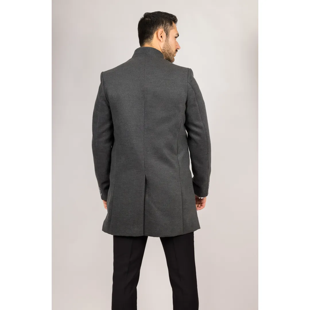 Men's Stand Collar Wool Blend Grey Overcoat