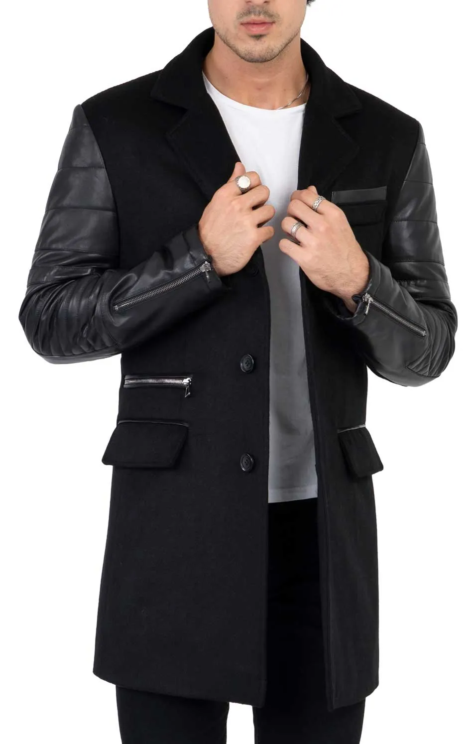 Mens Tweed Cashmere Wool Overcoat with Real Leather Sleeves Black - B213