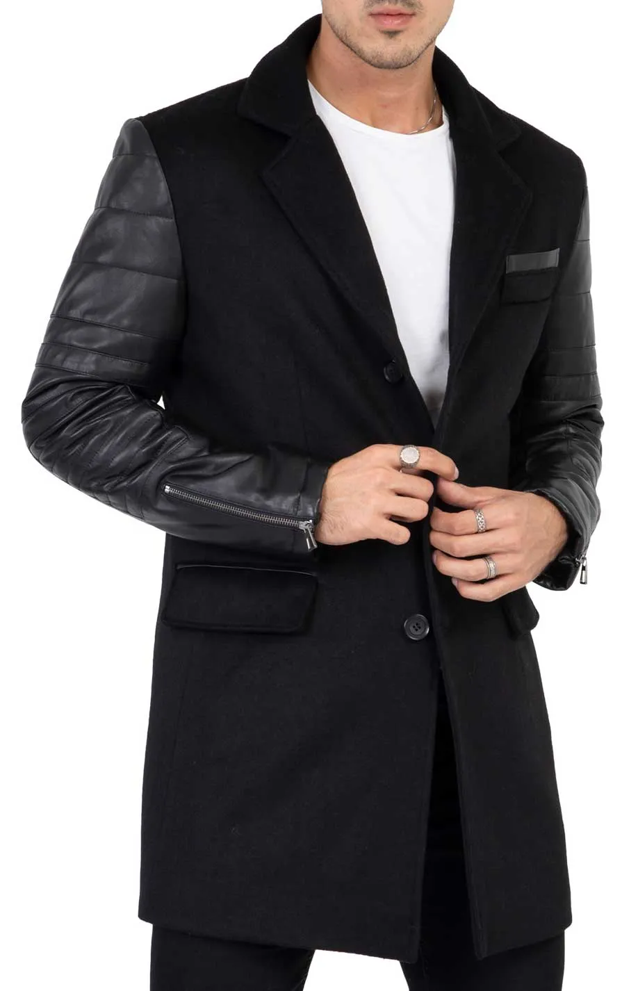 Mens Tweed Cashmere Wool Overcoat with Real Leather Sleeves Black - B213