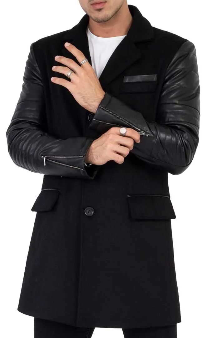 Mens Tweed Cashmere Wool Overcoat with Real Leather Sleeves Black - B213