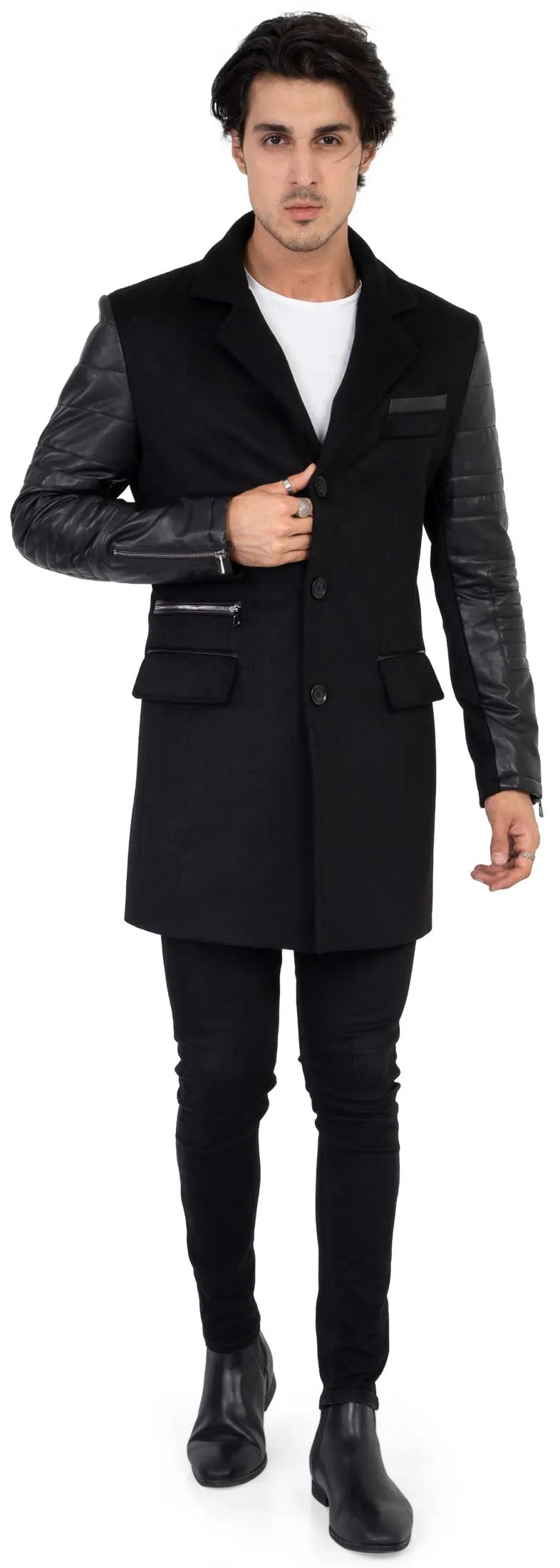 Mens Tweed Cashmere Wool Overcoat with Real Leather Sleeves Black - B213