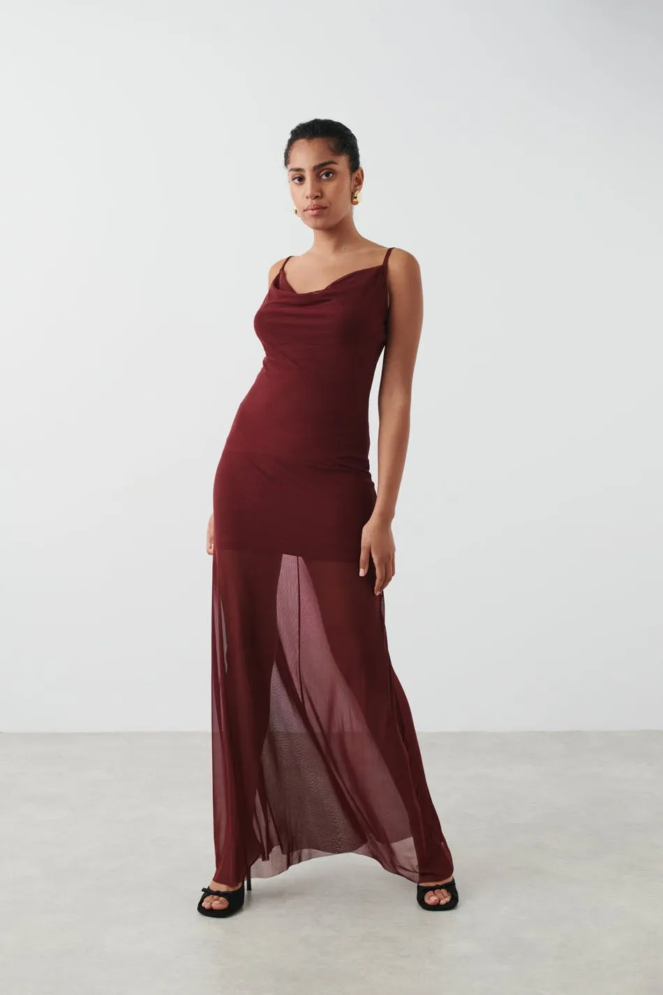 Mesh cowlneck maxi dress