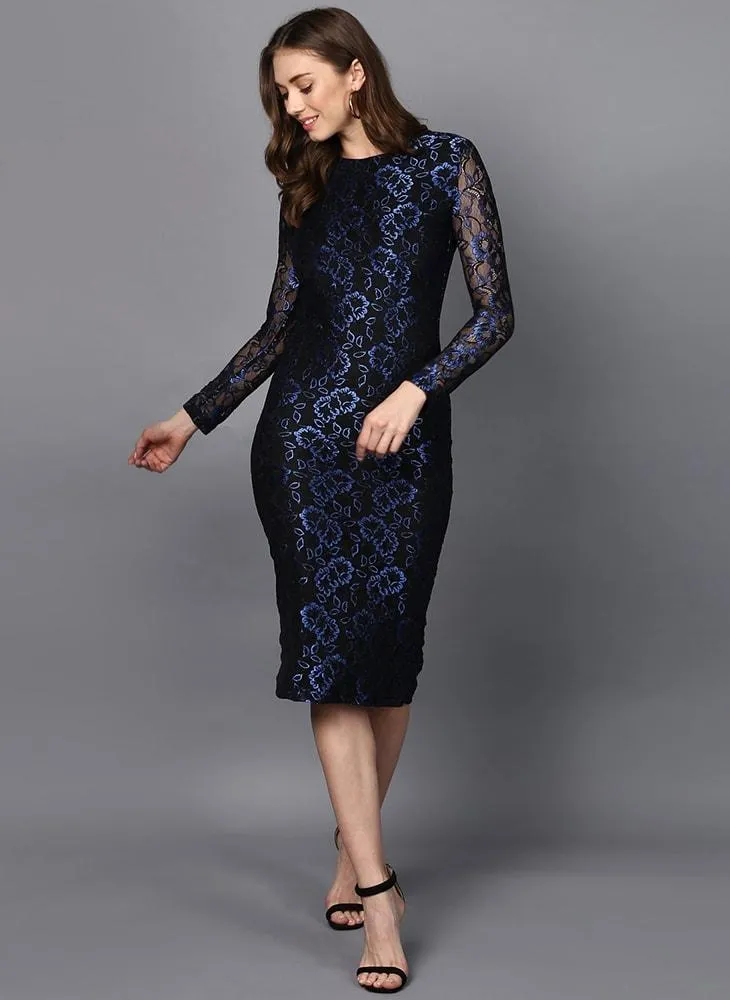 Metallic Blue Lace Body Con Dress