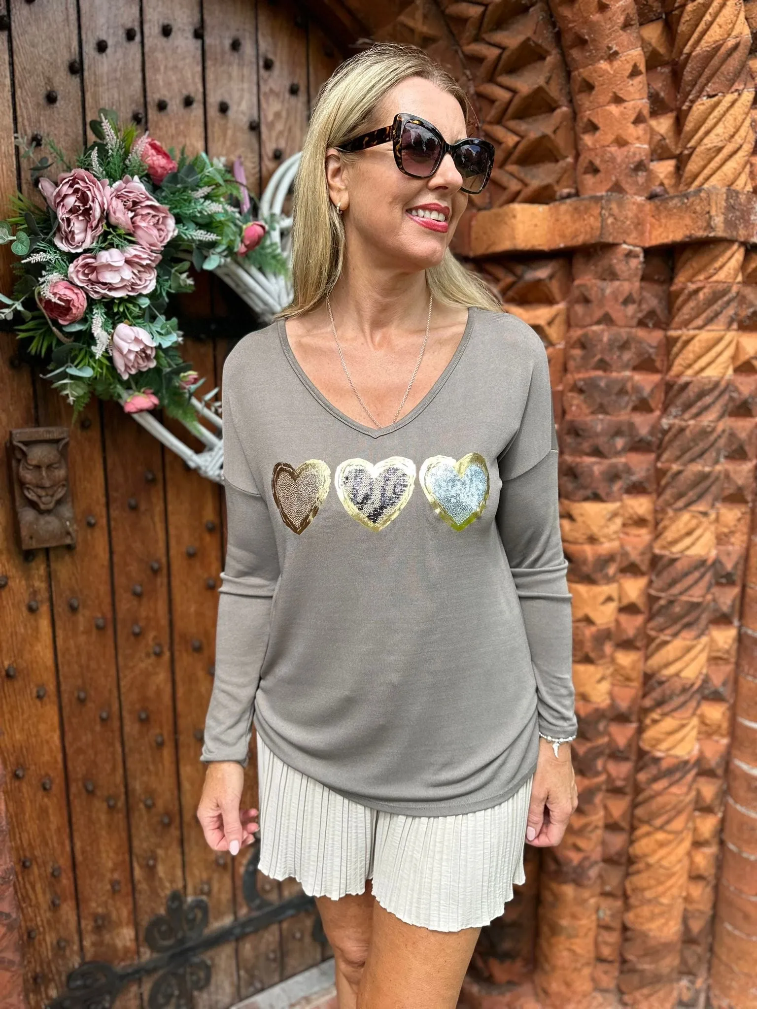 Mocha Triple Shimmer Heart V-Neck Top Karla