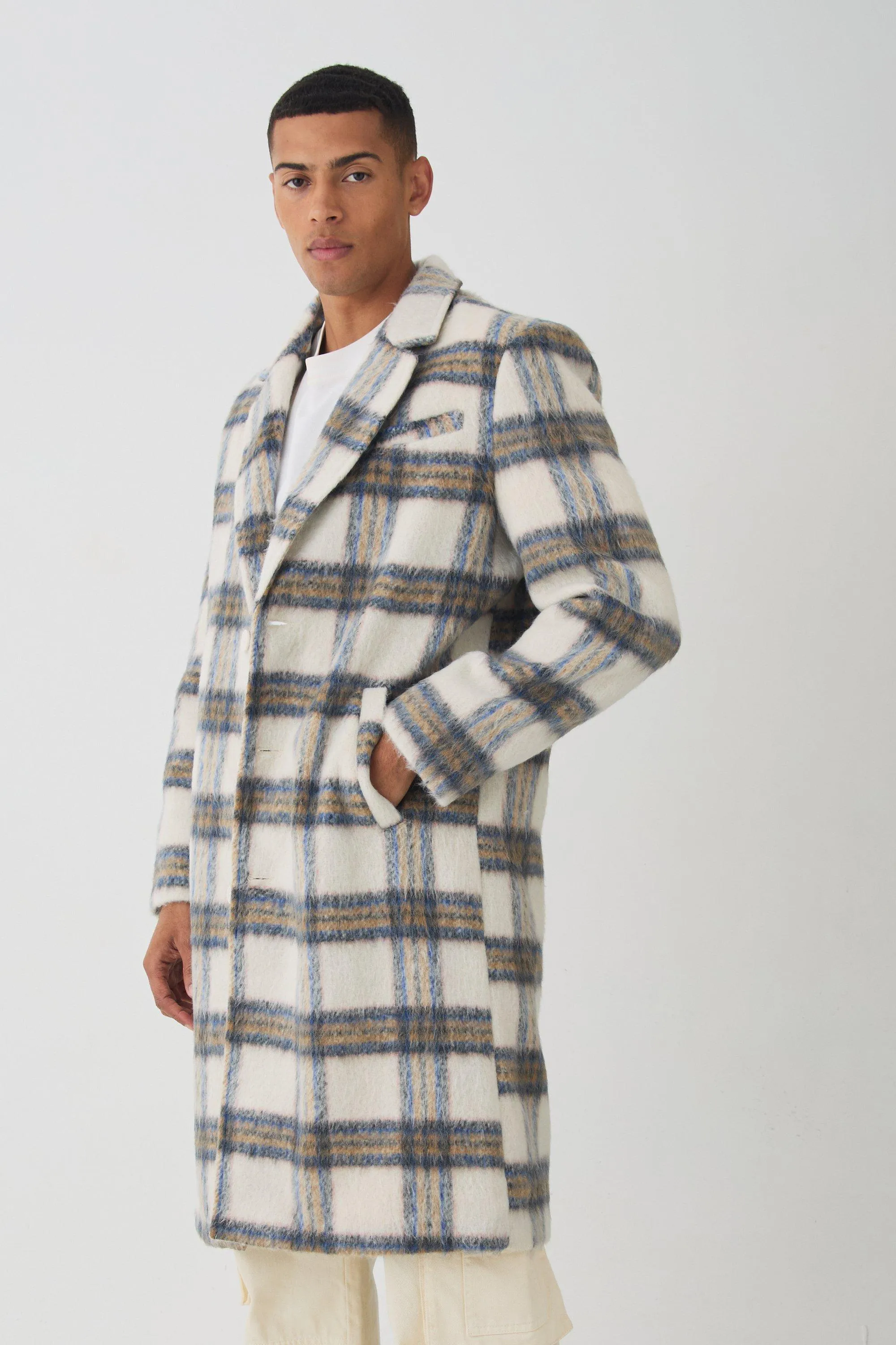 Oversized Brushed Check Overcoat In Ecru