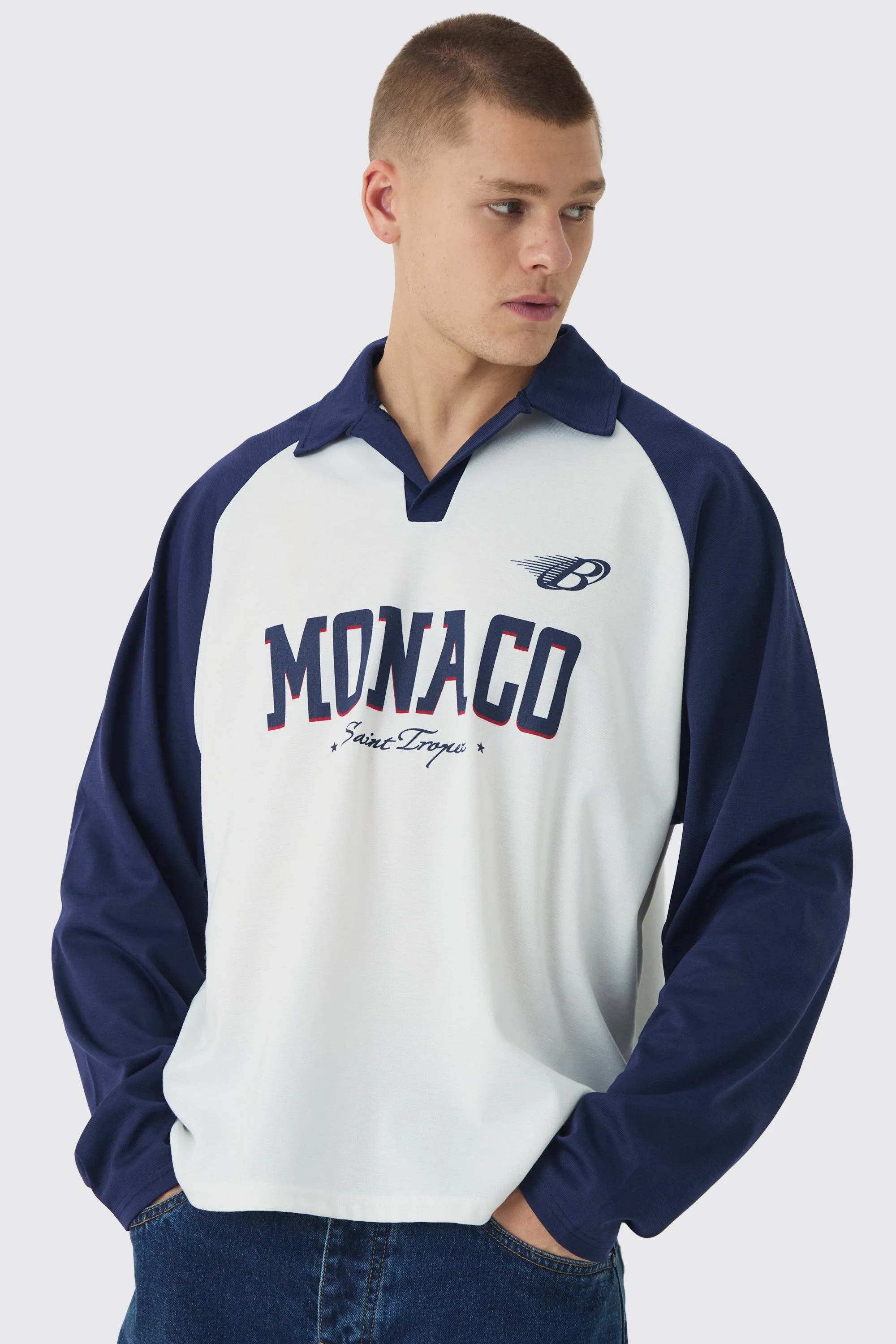 Oversized Contrast Long Sleeve Raglan Revere Monaco Print Polo