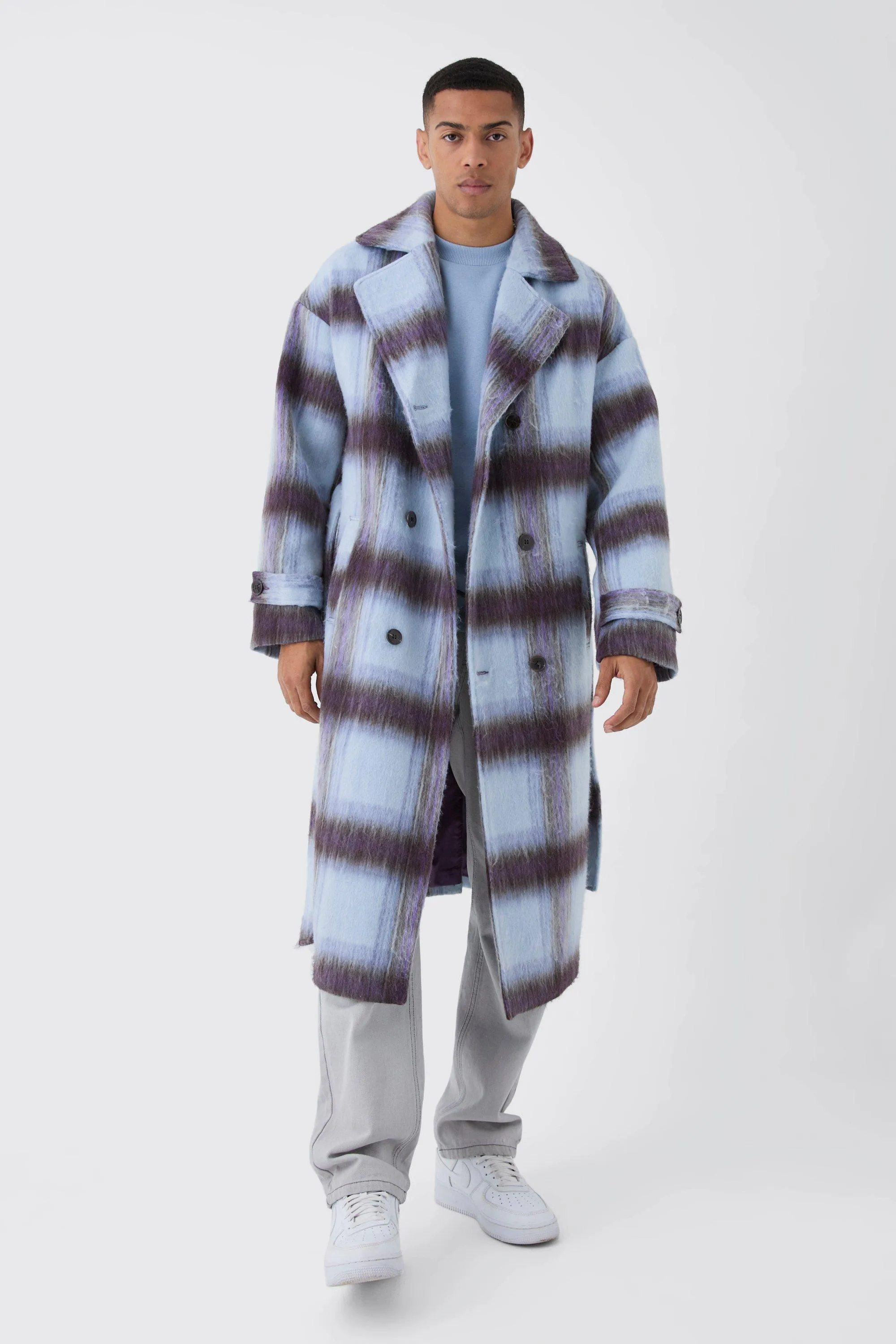 Oversized Double Breasted Brushed Check Overcoat In Lilac