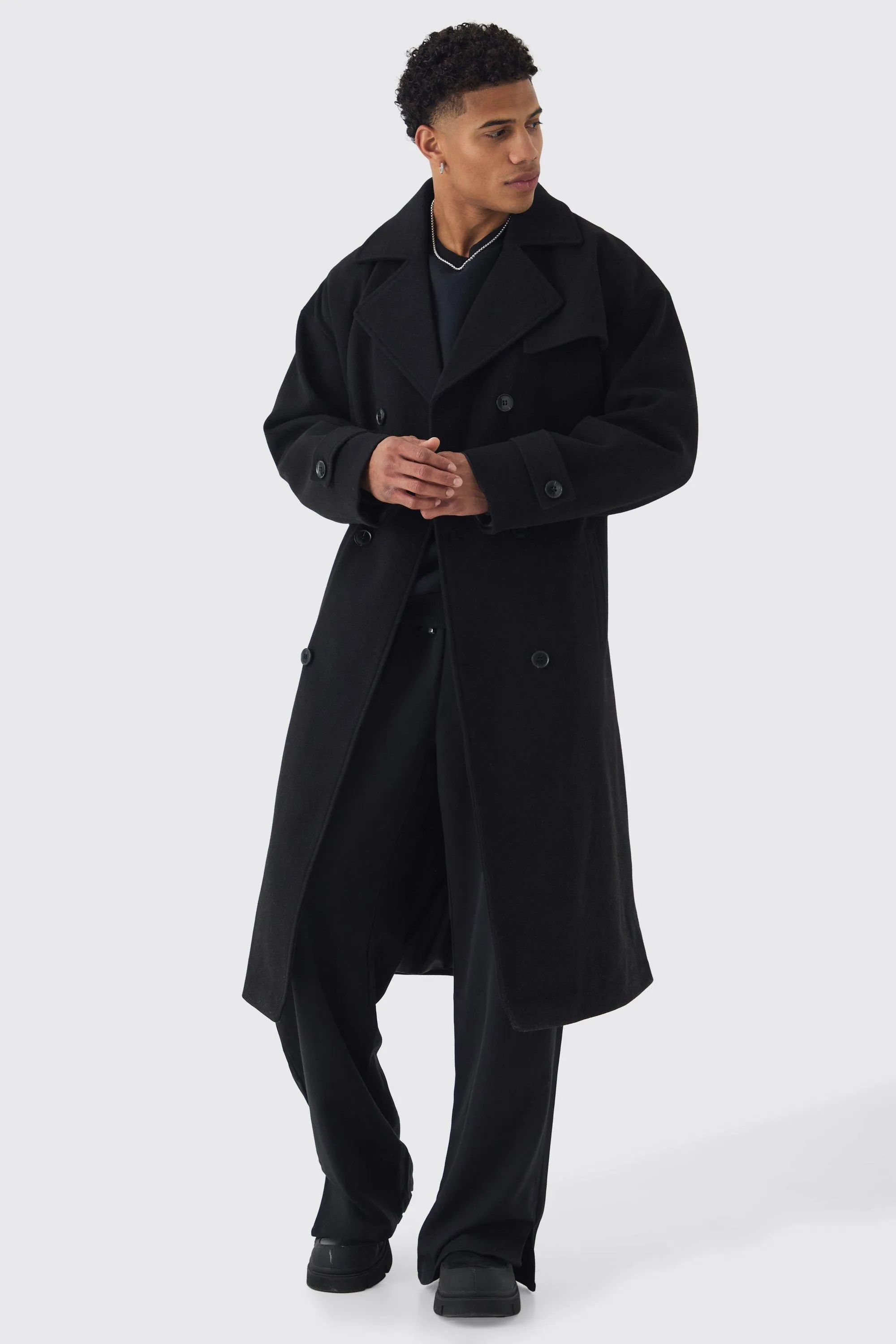 Oversized Double Breasted Trench Overcoat In Black