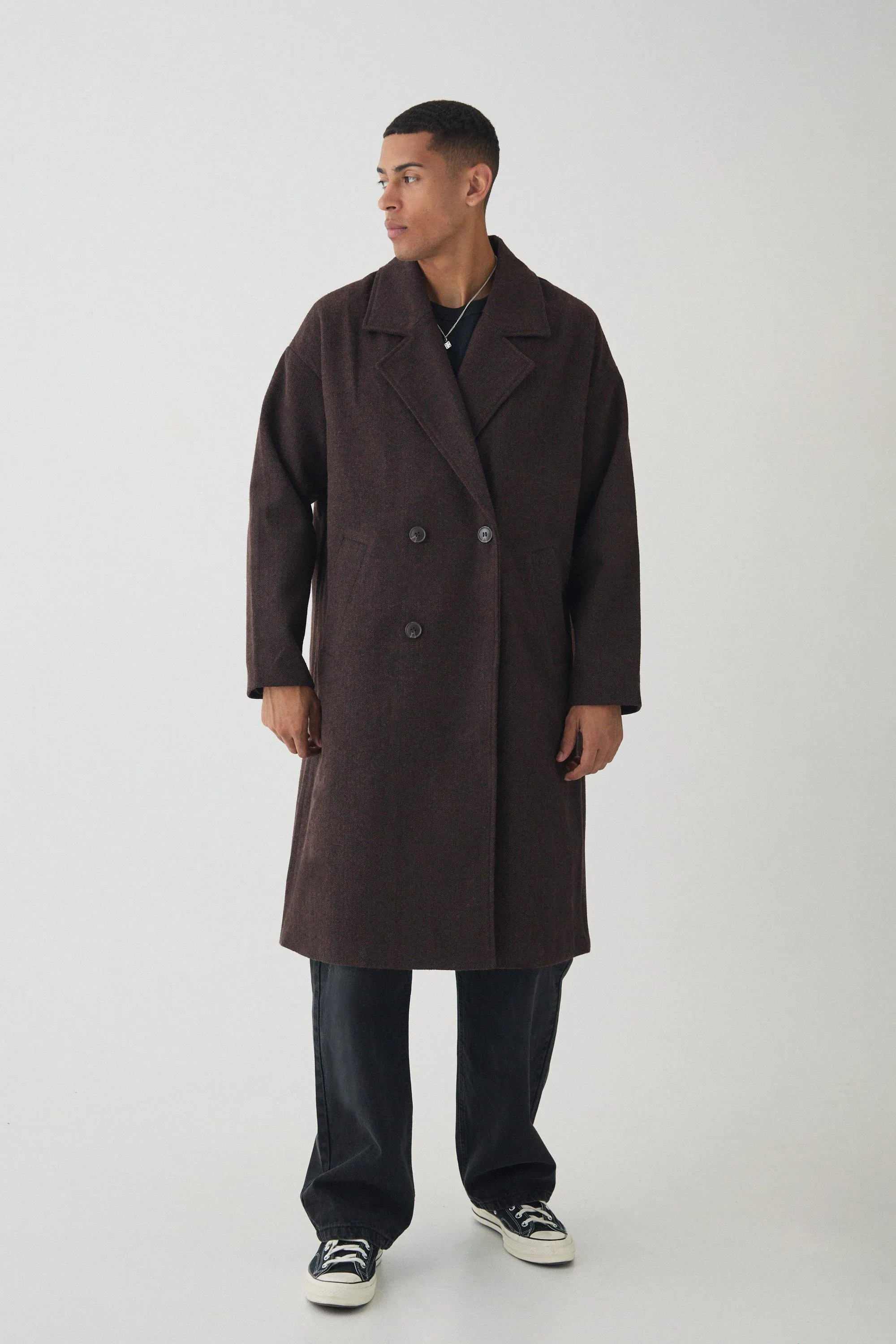 Oversized Drop Shoulder Herringbone Overcoat In Brown