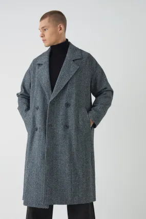 Oversized Drop Shoulder Herringbone Overcoat In Grey