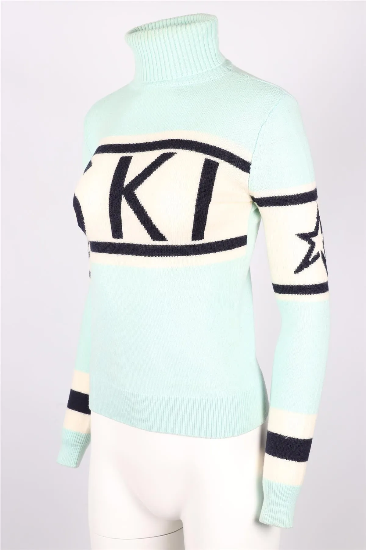 PERFECT MOMENT GREEN, NAVY AND CREAM WOOL TURTLENECK SWEATER SMALL