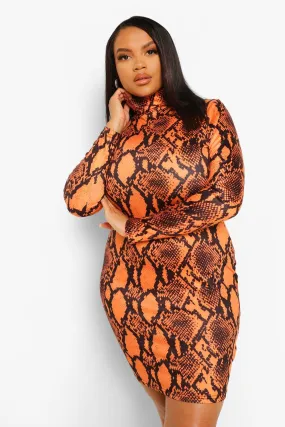 Plus Orange Snake Turtleneck Bodycon Dress